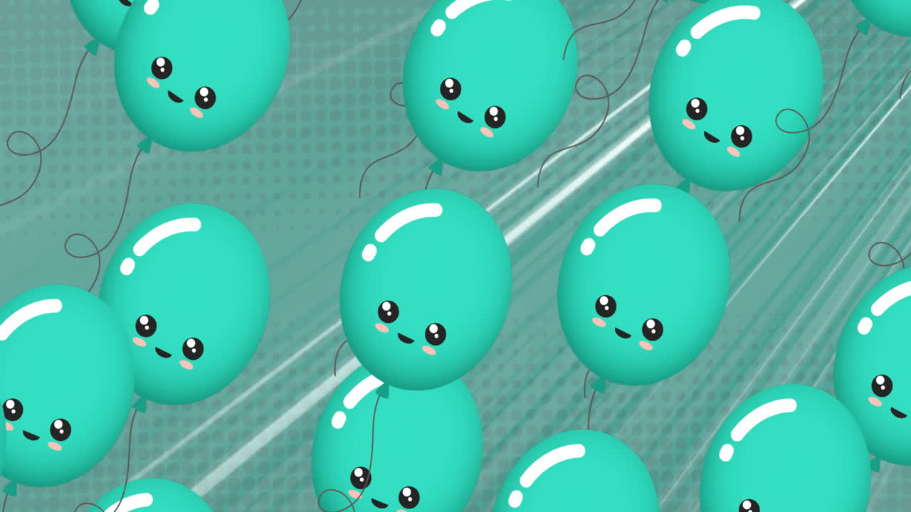 Animation of blue balloons with smile flying over blue background