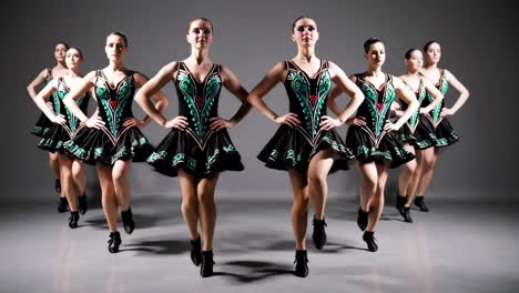 synchronized irish dancers in traditional costumes performing
