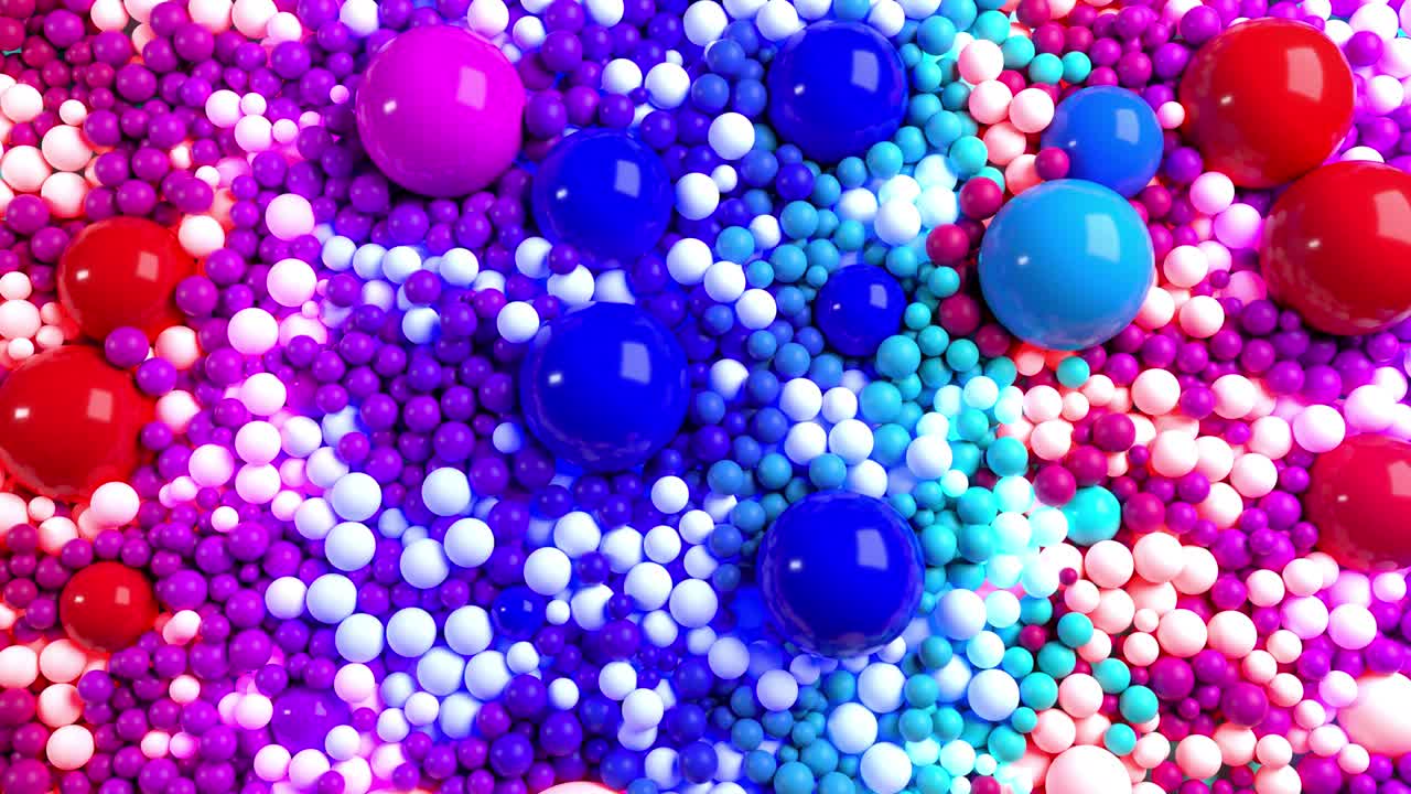 animación en bucle 3d con brillantes hermosas esferas pequeñas y grandes o bolas como un fondo de vacaciones abstractas. hermosa composición de esferas coloridas