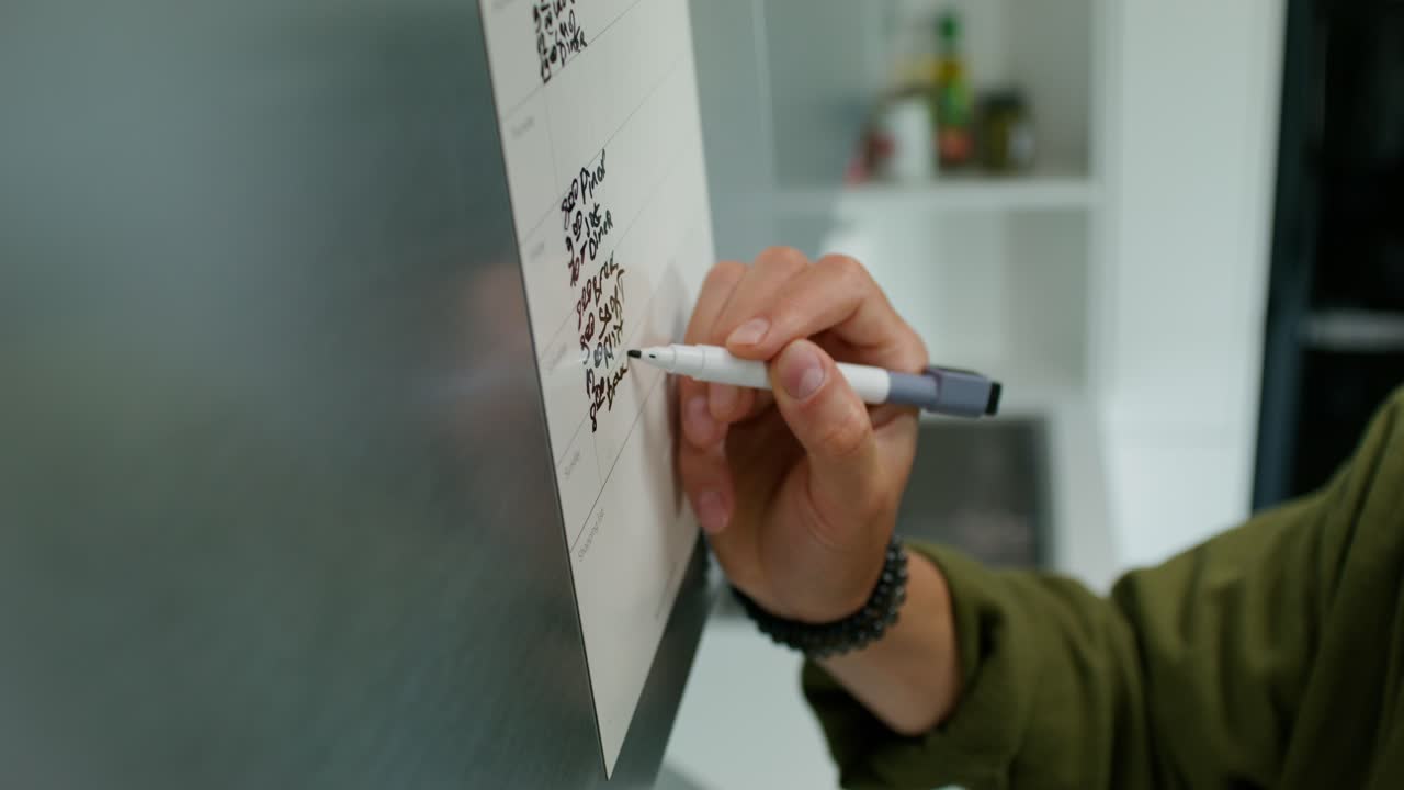 냉장고 캘린더에 식사 계획을 쓰는 사람