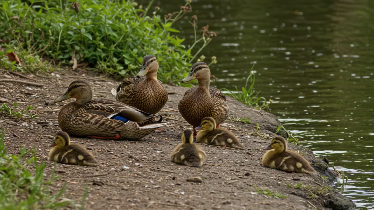A Serene Gathering of Ducks by the Waterside: Exploring the Bonds Between Mother and Ducklings in Their Natural Habitat, Captured in Two Frames