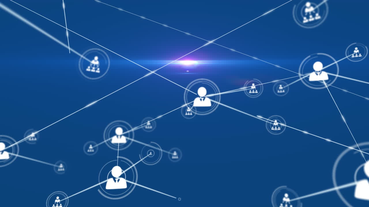 파란색 배경 위에 아이콘으로 연결 네트워크의 애니메이션