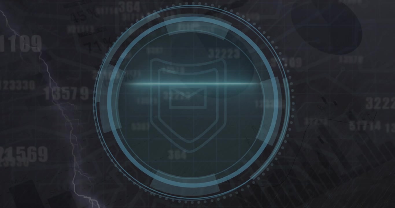 An animation of a digital shield in a circle with cyber security statistics on a black background
