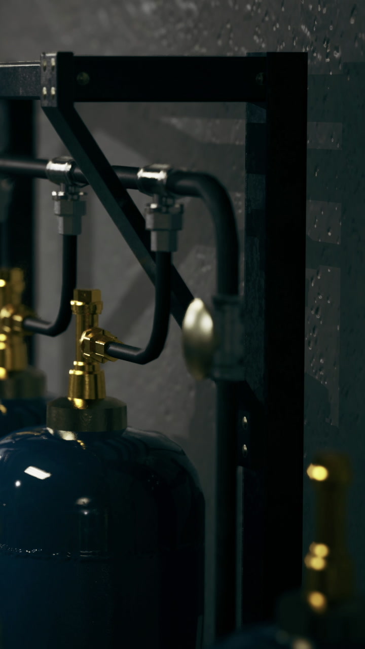 Industrial gas storage with shining brass valves and sleek black framework