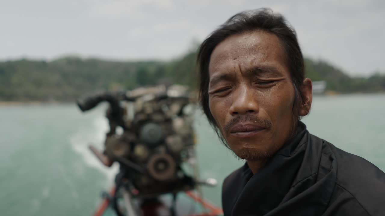 Man on a Boat with an Outboard Engine