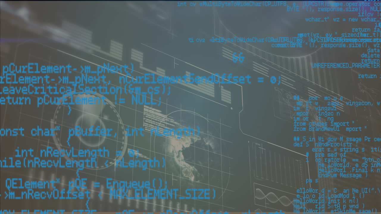 Digital animation of interface with data processing against blue background
