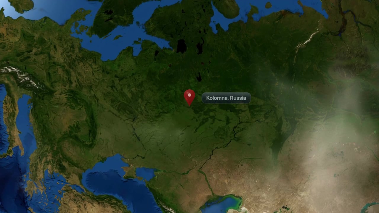 3D realistic satellite zoom in from outer space to Kolomna, Russia with pin marker. Includes NASA public domain imagery.