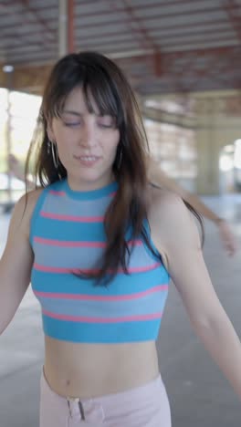 young women roller skating indoors