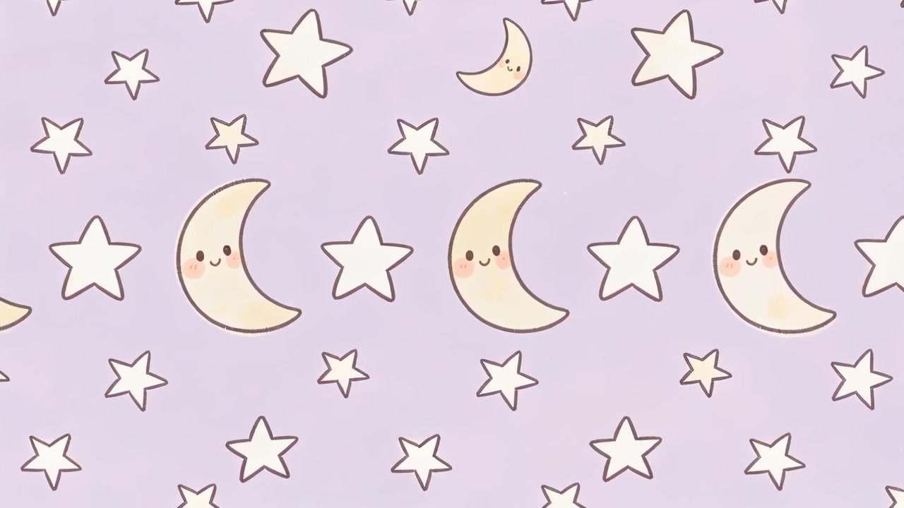 Loop starting, three smiling crescent moons sliding across lavender canvas with pale stars, looping