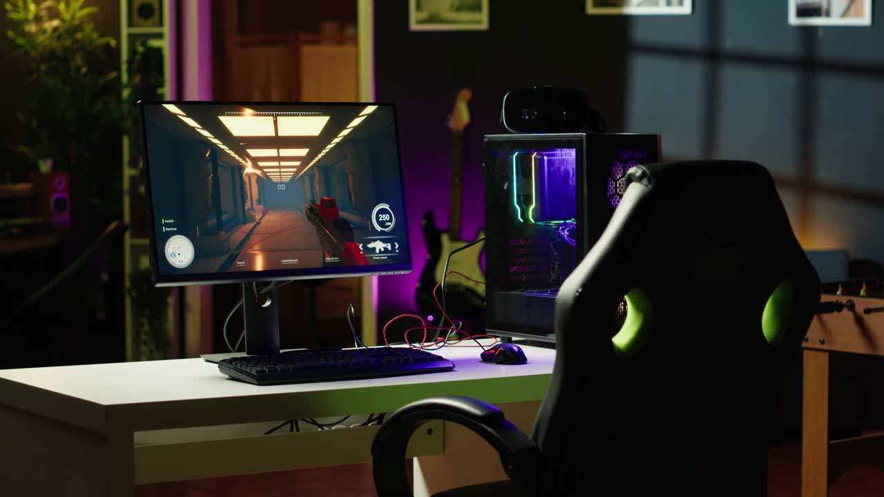 Computer in home with colorful gpu and cpu parts, panning shot