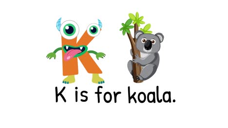 playful animation with letter k and koala character, vibrant colors, educational theme, simple transitions