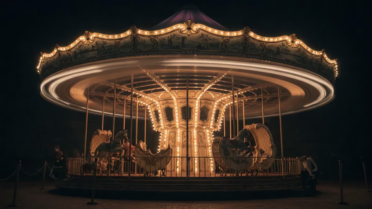 A Mesmerizing Night View of a Vintage Carousel with Illuminated Lights and Whimsical Horses Capturing the Essence of Amusement and Nostalgia in an Enchanted Setting