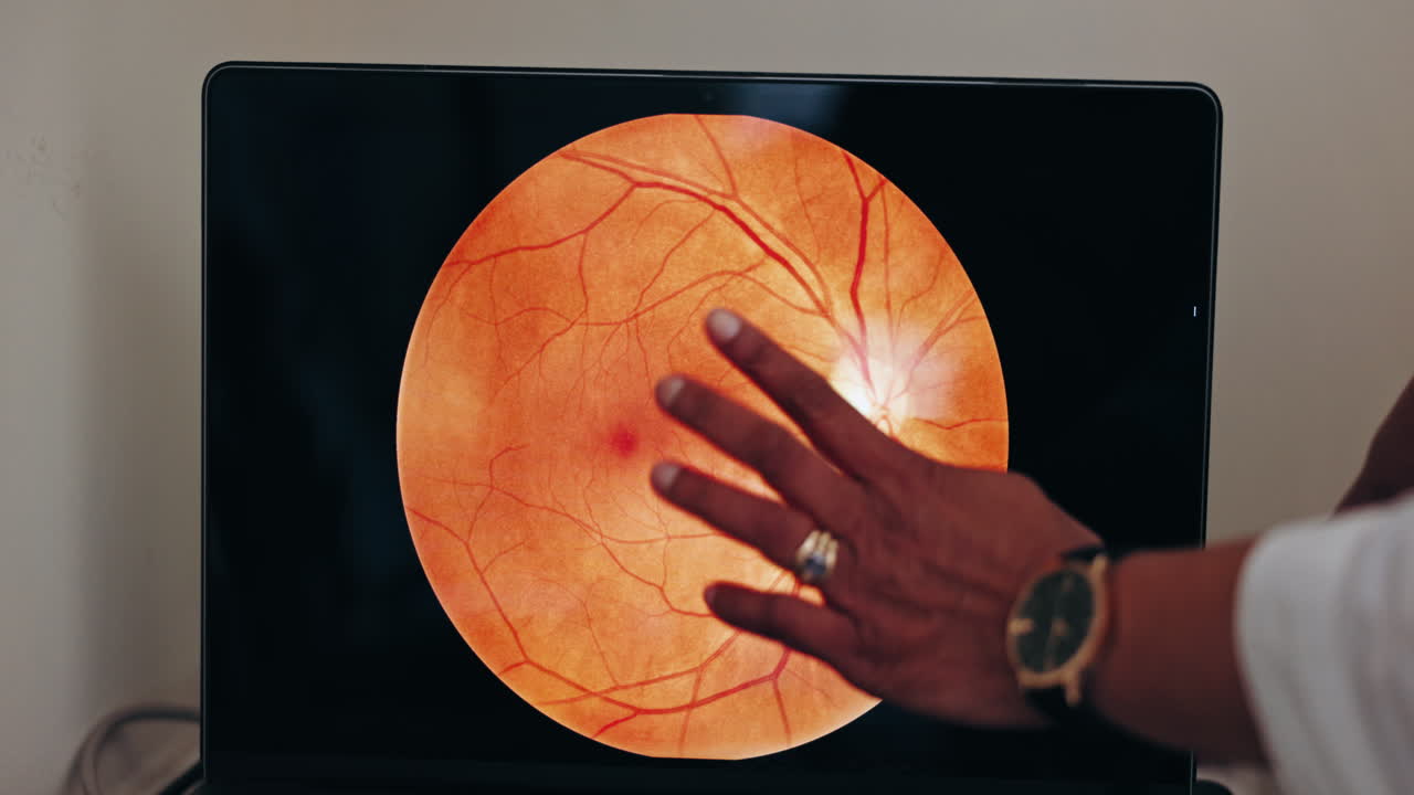 Hands, laptop screen and ophthalmologist