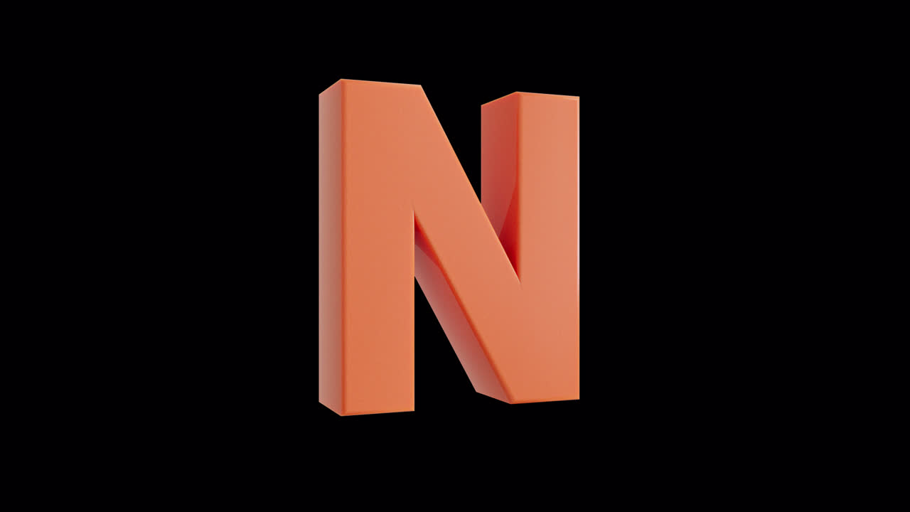 Lettera N arancione 3D che ruota su sfondo nero