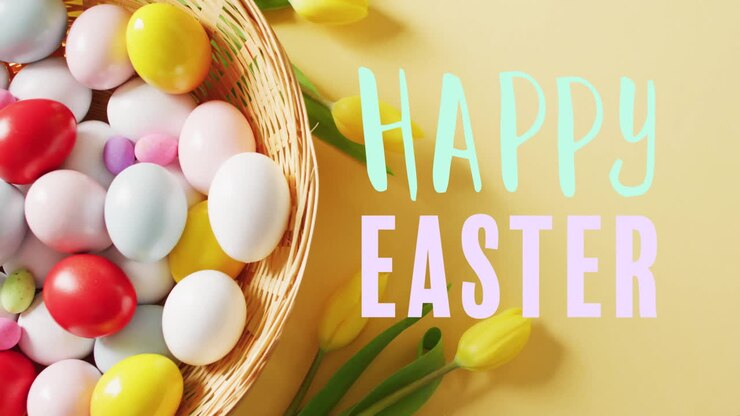 Animation of happy easter text over colourful eggs in basket on yellow background