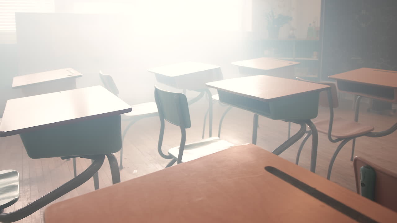 Classroom desks establishing shot zoom out