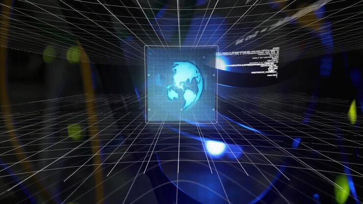 Animation of globe, data processing over digital grid