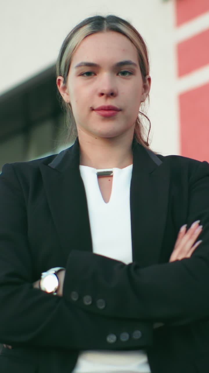 Young lady in black blazer confidently folds hands while standing in front of new modern building with red and white walls, expressing independence, and pride in personal achievement and growth