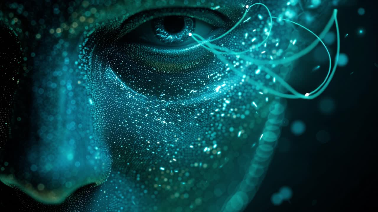 Close up of an artificial intelligence face composed of glowing blue particles with data streams flowing across its surface, representing advanced technology, biometrics, and digital consciousness