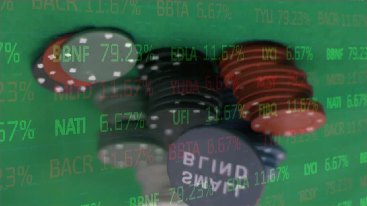 Animated illustration showing poker chip stacks shifting on green felt overlaying stock tickers