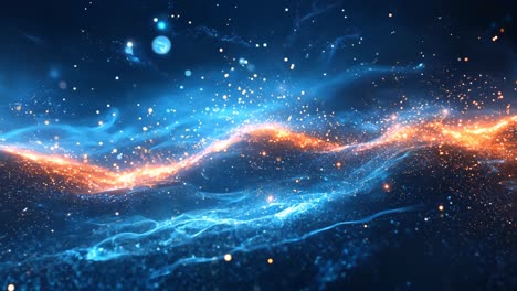 a blue and orange wave of light with many small dots. the blue and orange colors create a sense of movement and energy