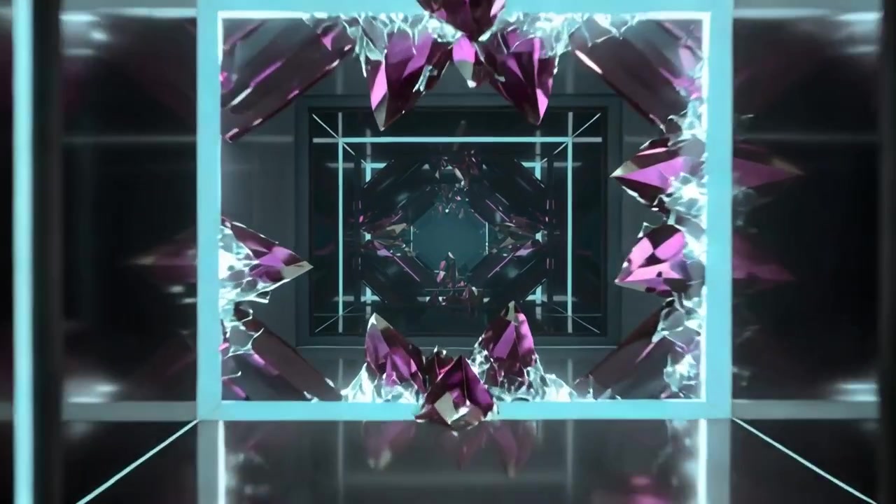 Sliding cam showing magenta shards creating symmetry in mirror box, framed by nested cyan squares