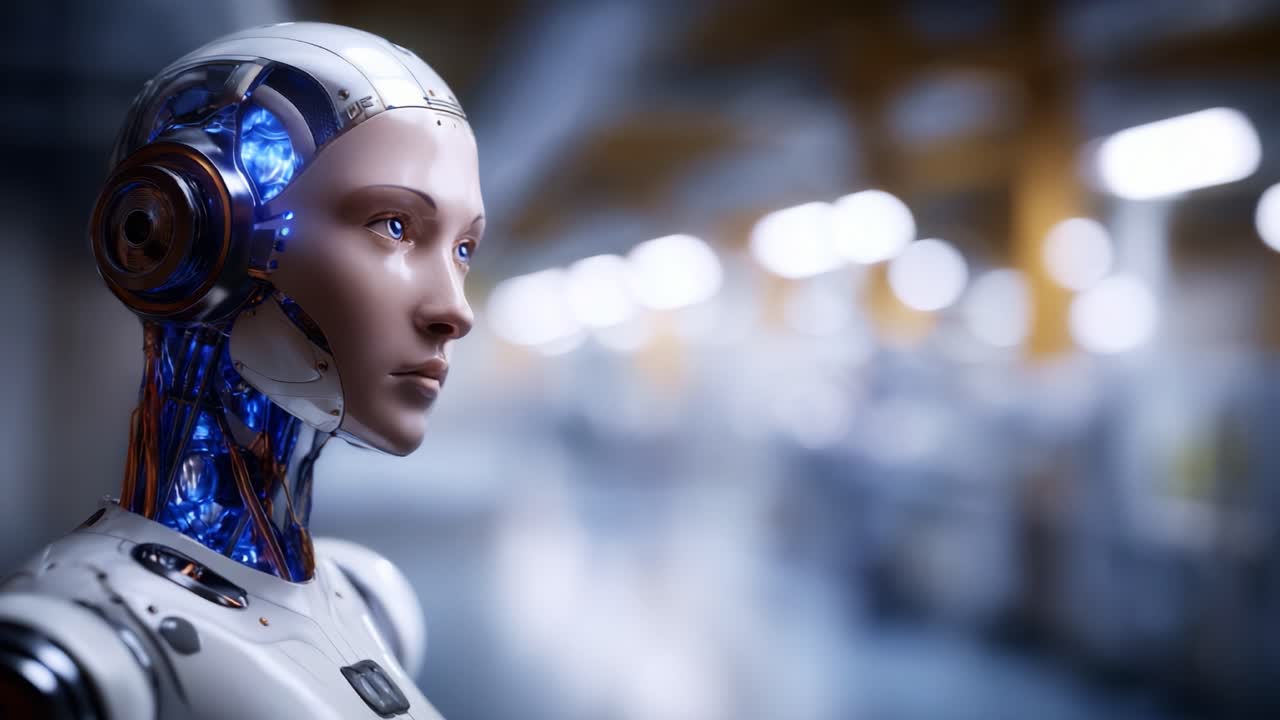 A close-up look at an advanced robotic head featuring intricate circuitry, glowing lights, and a sleek design, showcasing the future of artificial intelligence in technology
