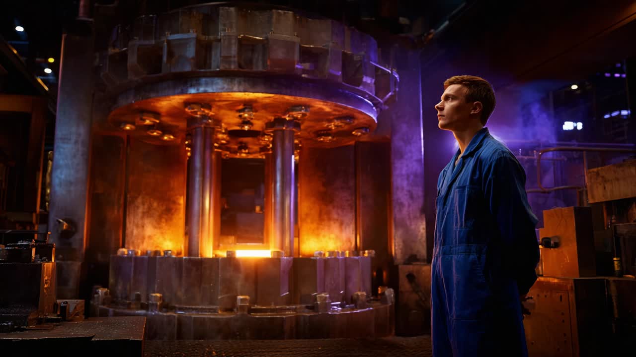 A Young Industrial Worker Observes the Powerful Machinery in a Modern Manufacturing Facility, Reflecting on the Importance of Safety and Innovation in the Heavy Industry Environment