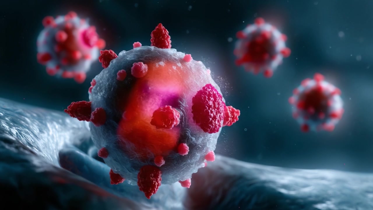 Visualizzazione dinamica di particelle virali microscopiche che interagiscono con l'ospite, mostrando molteplici strutture virali e l'ambiente cellulare con dettagli sbalorditivi.