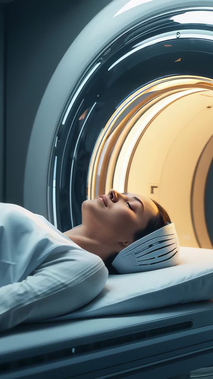Video verticale: donna sdraiata in camicia da notte con la testa su un supporto per la scansione mentre una luce noiosa si sposta, spazio per il testo