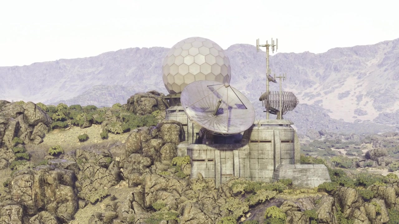 View of a futuristic communication station nestled in rocky mountains