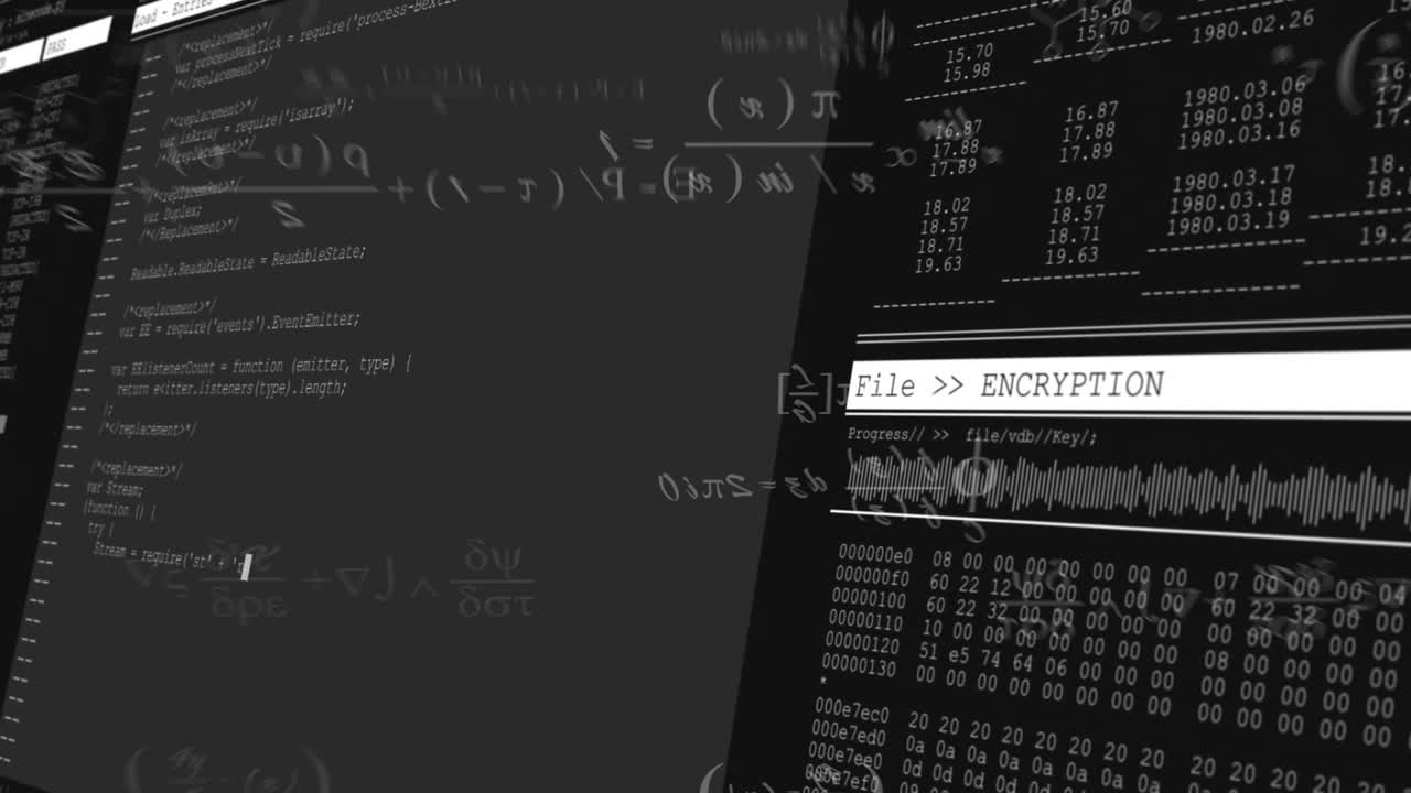 Animation of encryption process overlaying digital interface with code and formulas