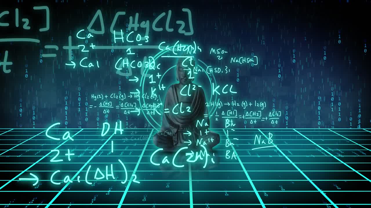 Animation of scientific data processing over buddha statue and grid