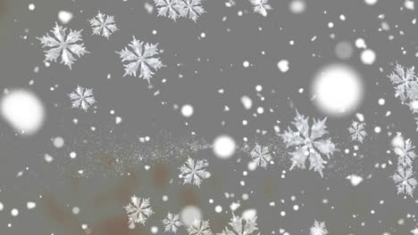 digital animation of snowflakes falling against white spots on grey background