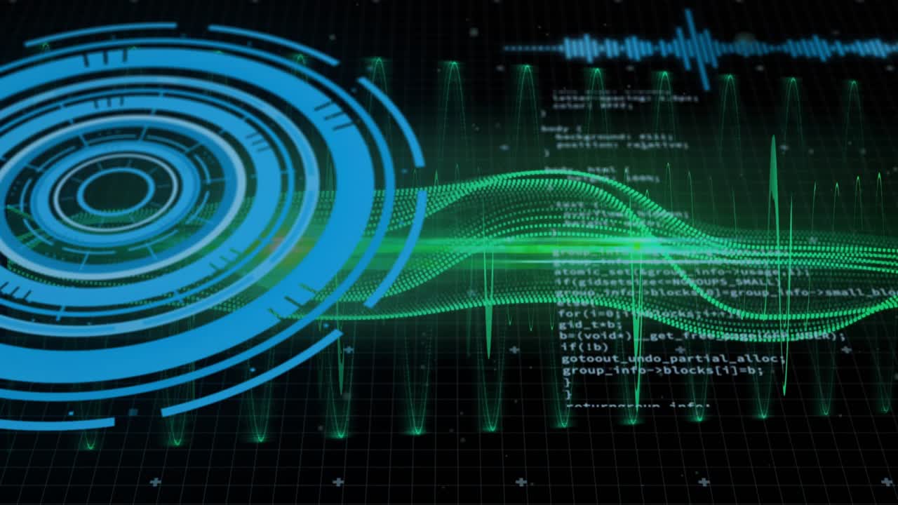 At start blue HUD circle emitting green data stream, spikes rising, code scrolling visualizing flow