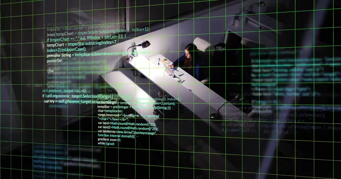 Adult female sitting at table, studying using laptop sorting notes while green grid overlaying desk