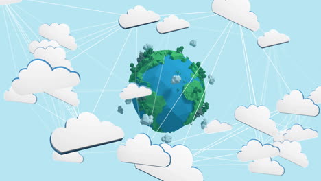 animation of network of white clouds over globe on blue background