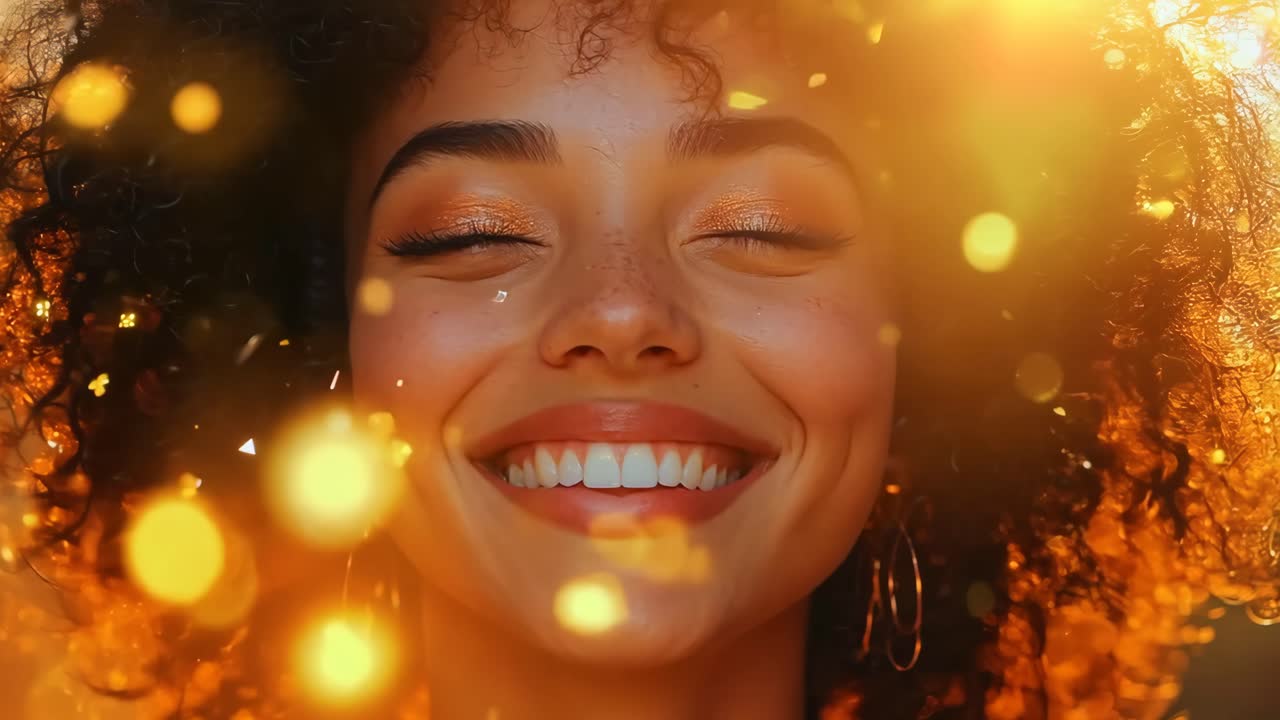 A woman with curly hair is smiling and looking at the camera. The image has a warm and happy mood, with the sun shining brightly and the woman's bright smile