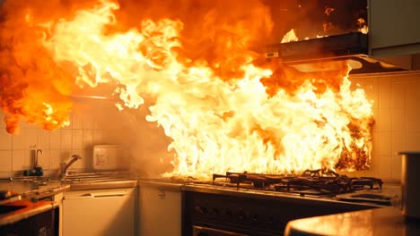 a kitchen with a large fire coming out of the oven