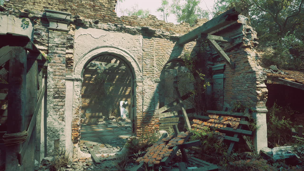Ruins of an old european mansion overgrown with vegetation and decay