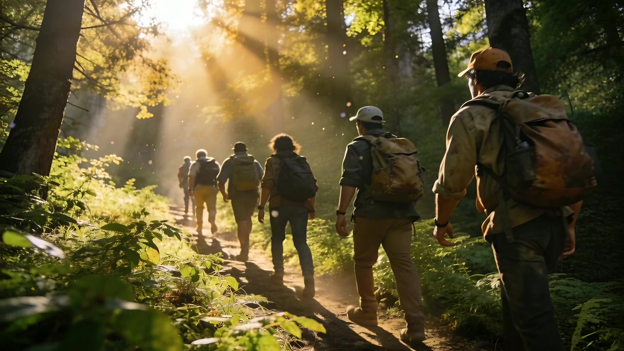 Sette escursionisti che camminano in salita attraverso una foresta di conifere, dirigendosi verso i raggi del sole con zaini e cappelli.