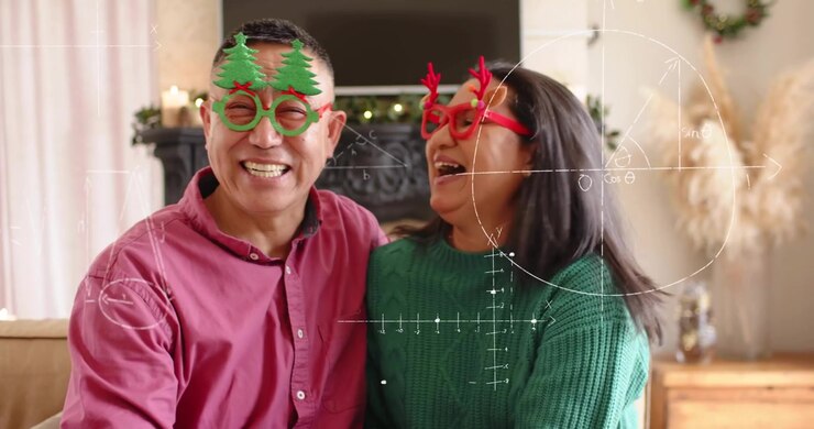 Woman adjusting man tree specs donning antler glasses causing math graphics floating for education