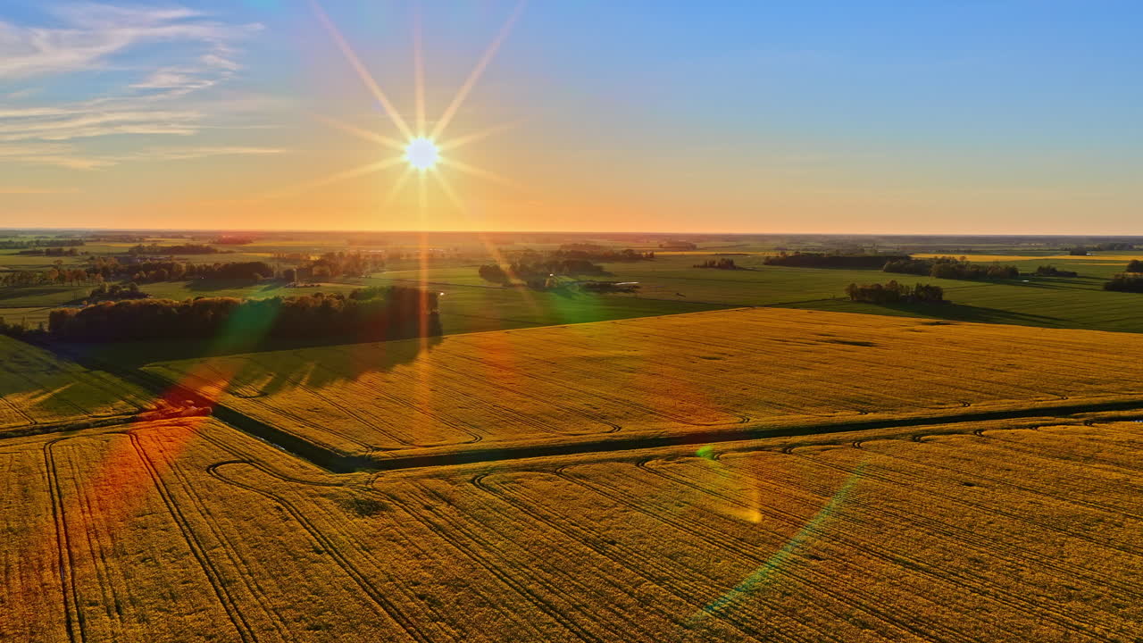 Golden sunset over wide farmland with lens flare and warm summer light