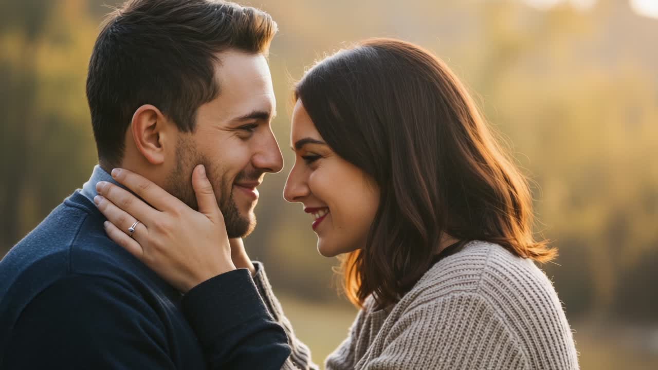 A Romantic Moment: A Couple Shares an Intimate Gaze and Affection in a ...
