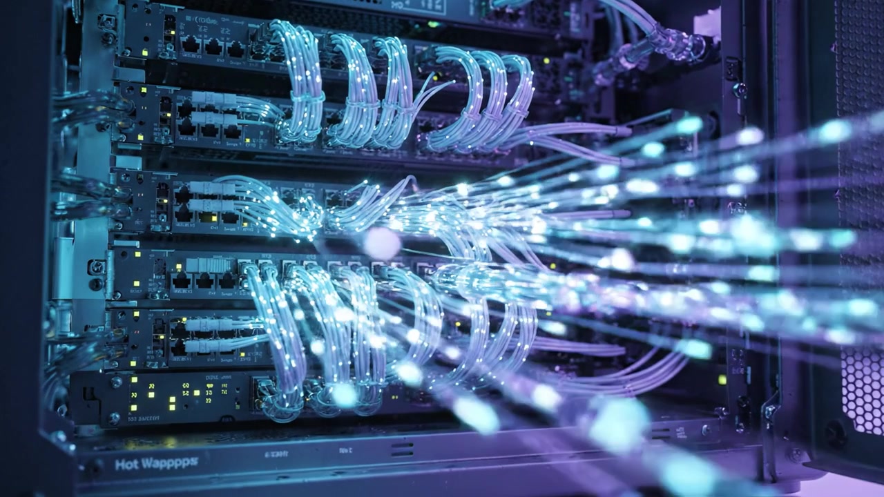 A Detailed View of Advanced Server Technology with Glowing Cables and Connections in a High-Tech Data Center Environment