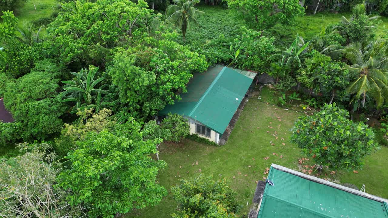 órbita aérea de una pequeña choza en el patio trasero de una casa con exuberante vegetación y follaje tropical, filipinas