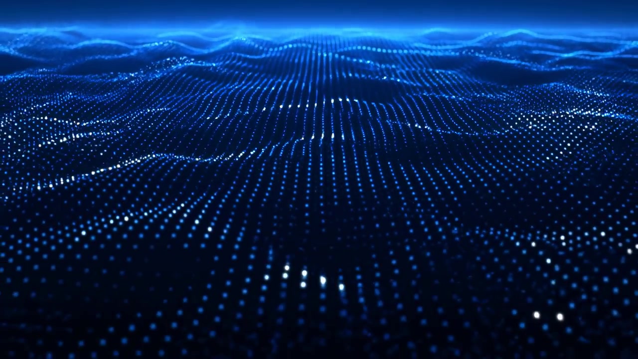 En futuristisk blå digital overflade dannet af glødende prikkede bølger og en lys horisontlinje, der skaber dybde, bevægelse og en elegant teknologisk baggrund.