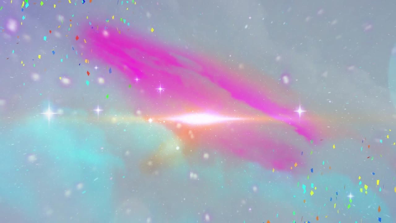 Animación de confeti sobre estelas de luz y puntos en un fondo gris.