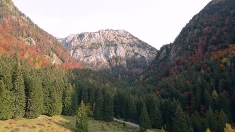 Drone-flight-through-beautiful-green-valley-amidst-huge-mountains,-on-bright-sunny-day