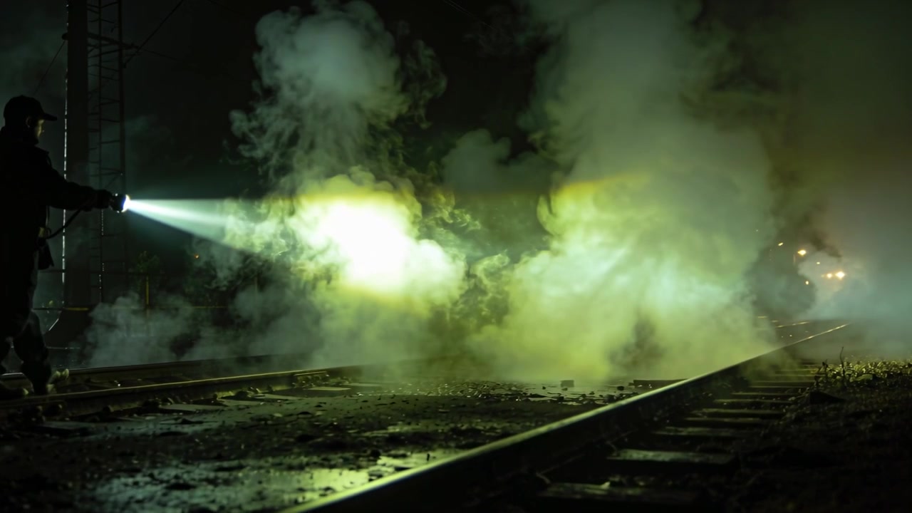 Pointing man in coat with torch, shining rails and creating green smoke, alerting train, copy space